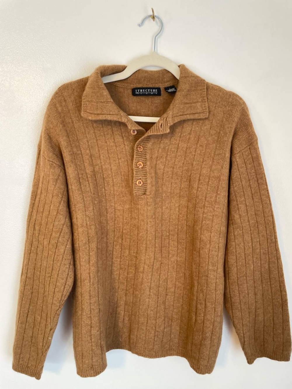 STRUCTURE Vintage light brown wool collared sweater with button size large
